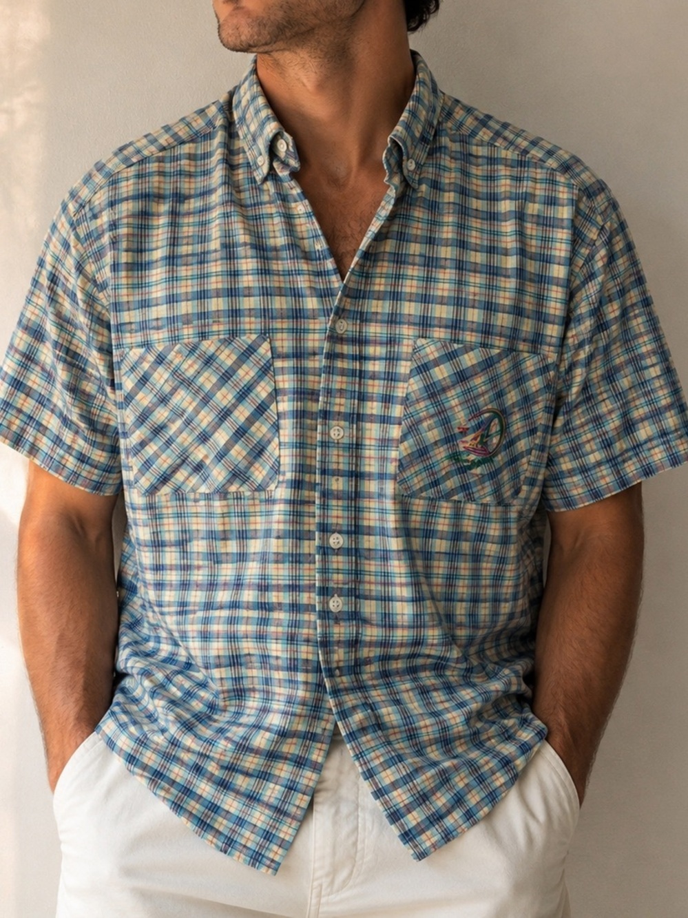 Vintage Yves Saint Laurent YSL Plaid Button Down Sailboat Embroidered Cotton M